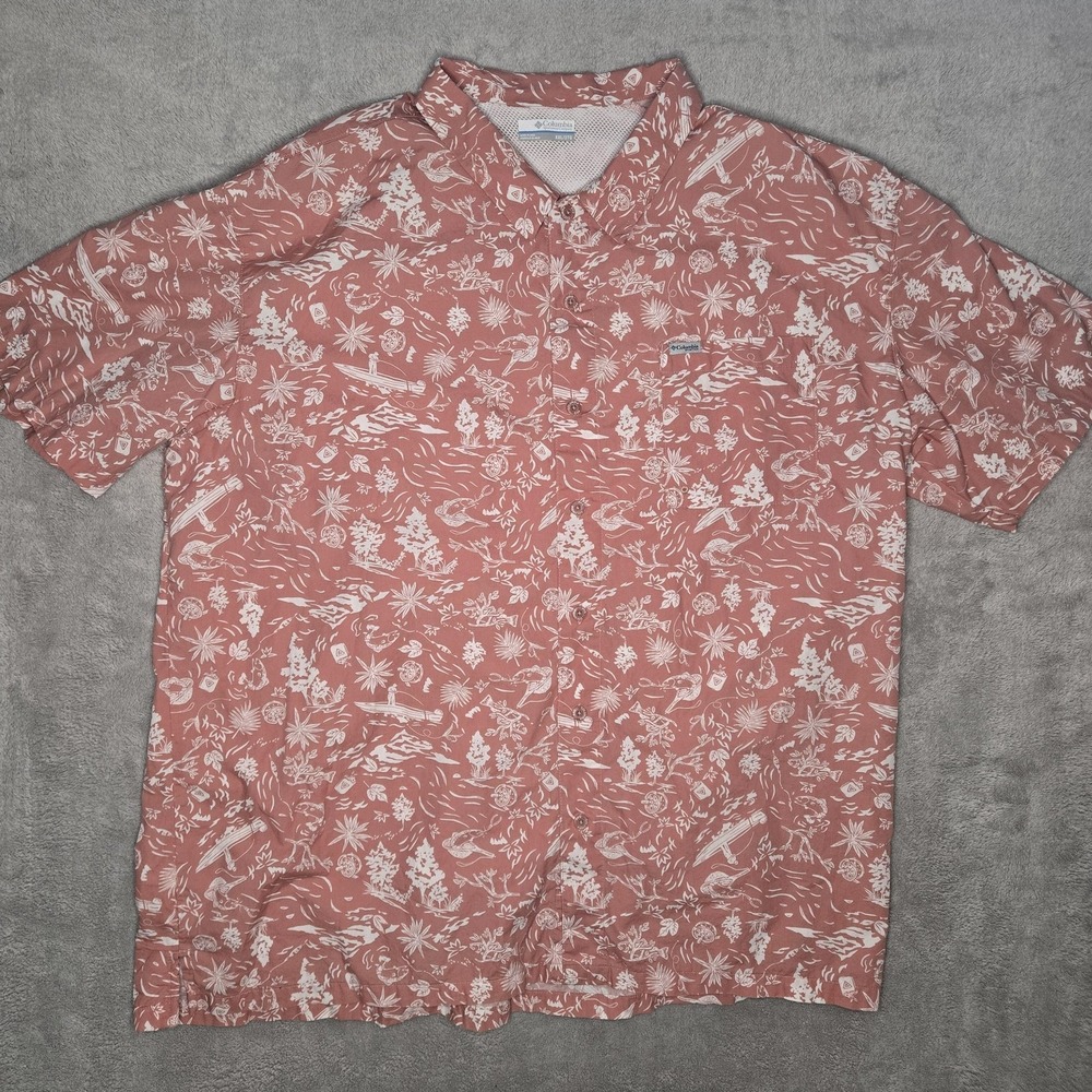 Columbia PFG Button Up Shirt Mens 2XL Pink Fishing Print Short Sleeve Casual